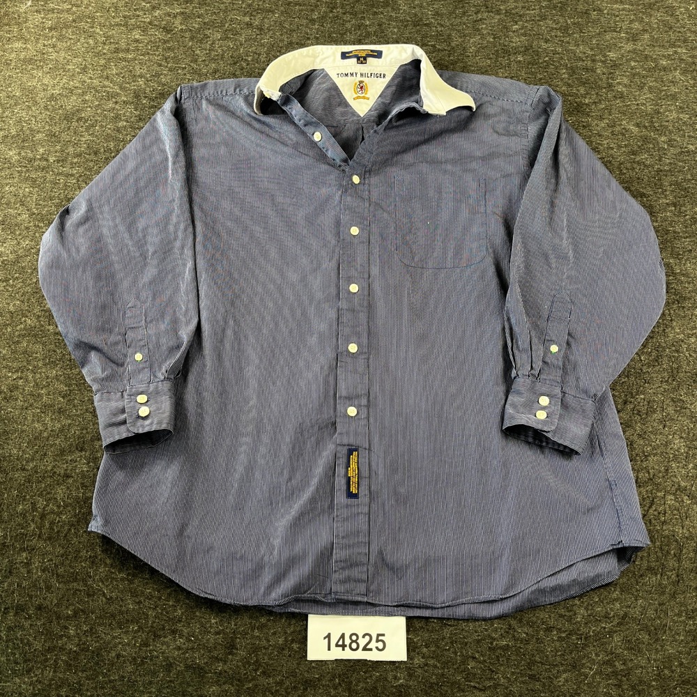 VTG Tommy Hilfiger Dress Shirt Mens 16 Blue Striped Cotton Long Sleeve Button Up